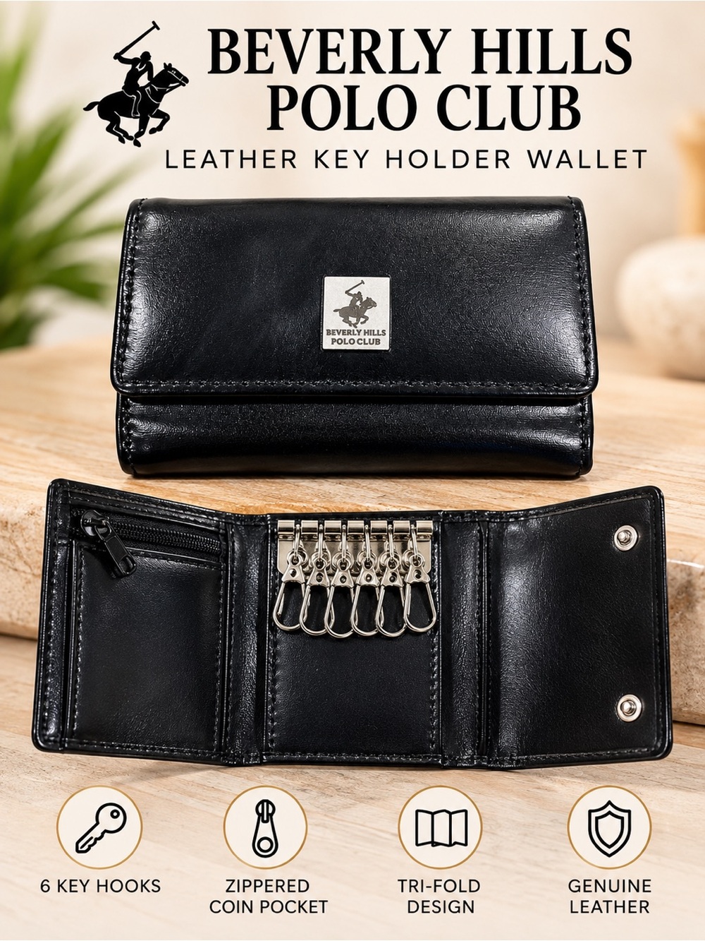 Beverly Hills Polo Club Black Leather 6 Key Holder Wallet Coin Case
